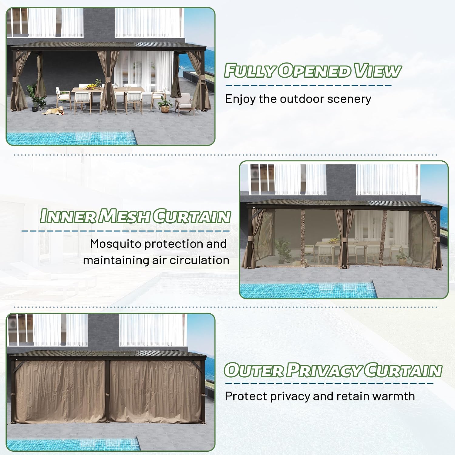 Domi 12' x 20' Lean to Gazebo with Aluminum Frame, Wall Mounted Gazebo Hardtop Galvanized Steel Sloping Roof with Curtains and Netting for Patio Deck Backyard Lawn Party