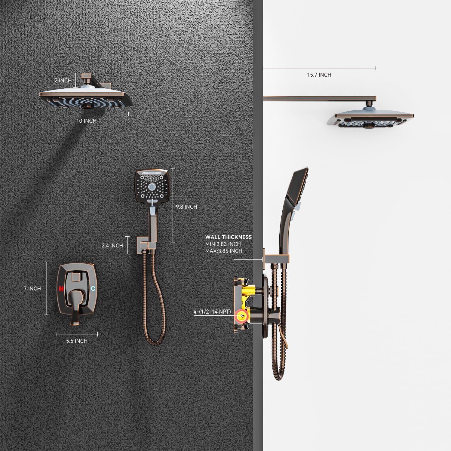 ELLO&ALLO Oil Rubber Bronze Bathroom Shower Faucet Set Mixing Valve and Trim Kit, Complete Shower System with Rough-in Valve