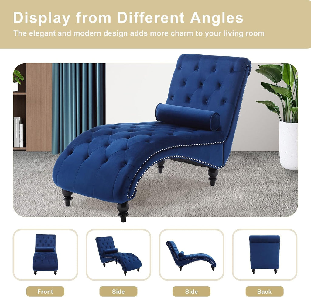 Velvet Chaise Lounge Indoor,Button-Tufted Upholstered Chaise Lounge Chair with Pillow for Bedroom Living Room Office Modern Backrest Leisure Recliner Sleep Sofa (Blue)