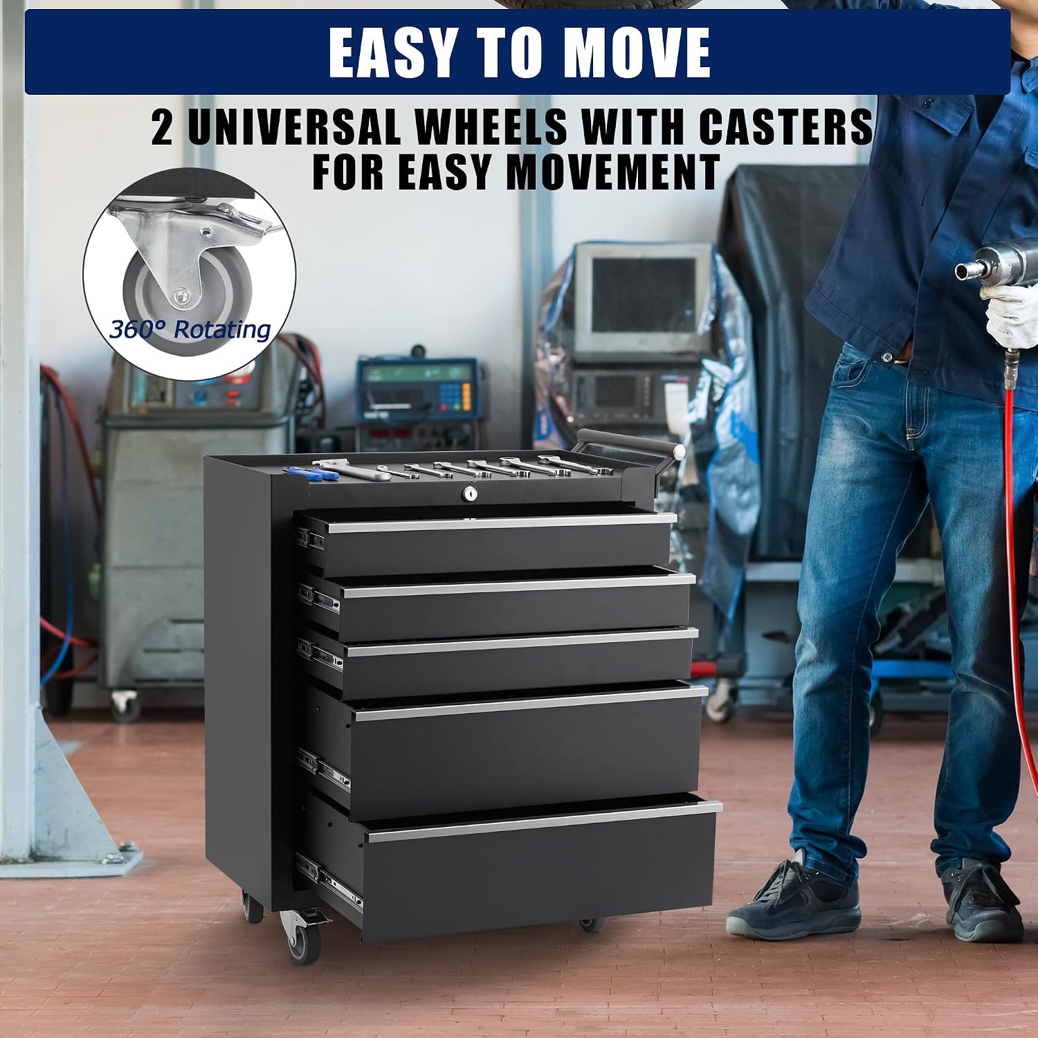 5-Drawer Rolling Tool Chest, Rolling Tool Box with Wheels and Lock System, Portable Mobile Tool Storage Cabinet for Garage, Workshop, Mechanics and Repair Room