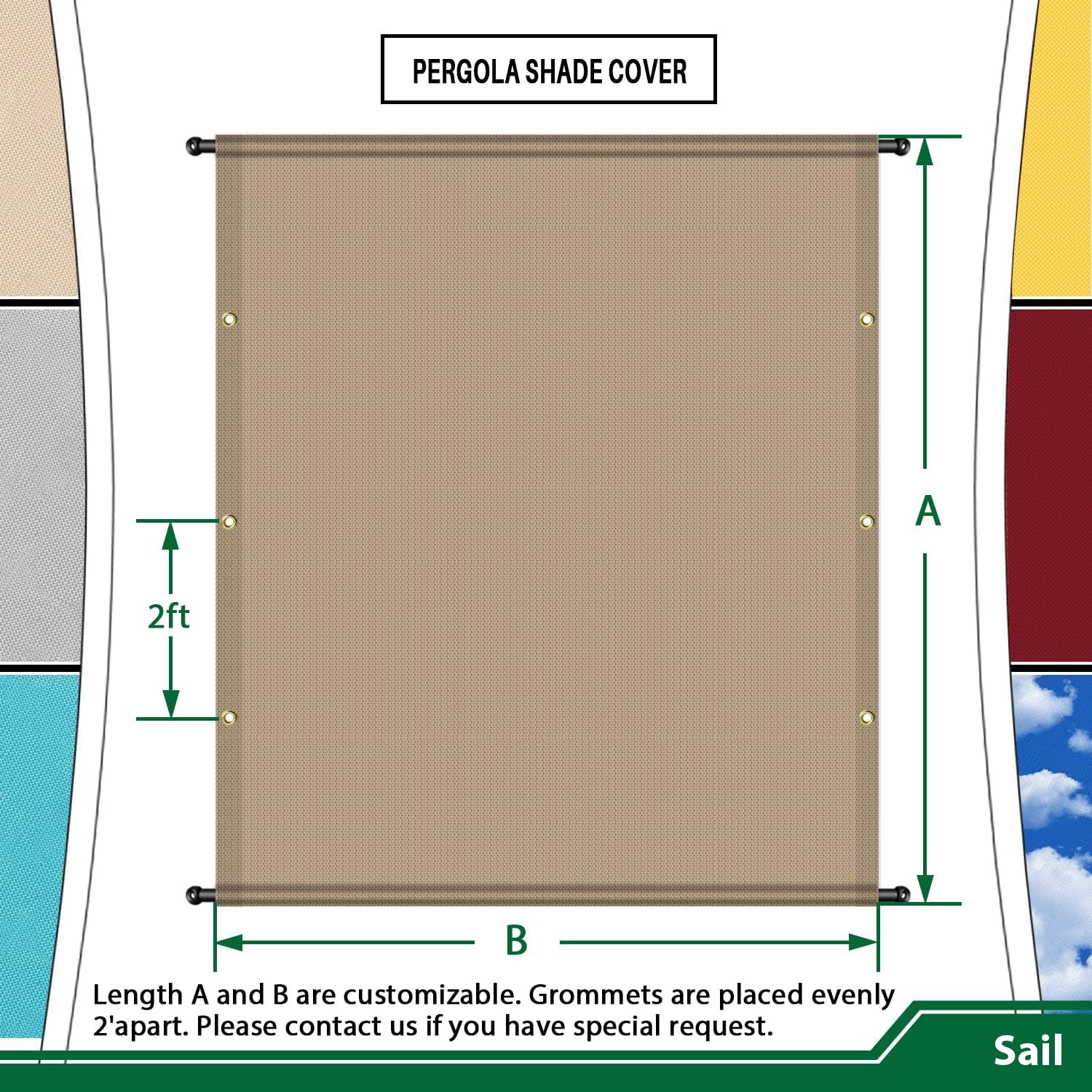 10' x 8' Universal Pergola Shade Cover with Grommets Weighted Rods, Sun Shade Cloth Outdoor Canopy Replacement Cover, Patio Awning for Porch, Backyard, Gazebo, Garden, Sand
