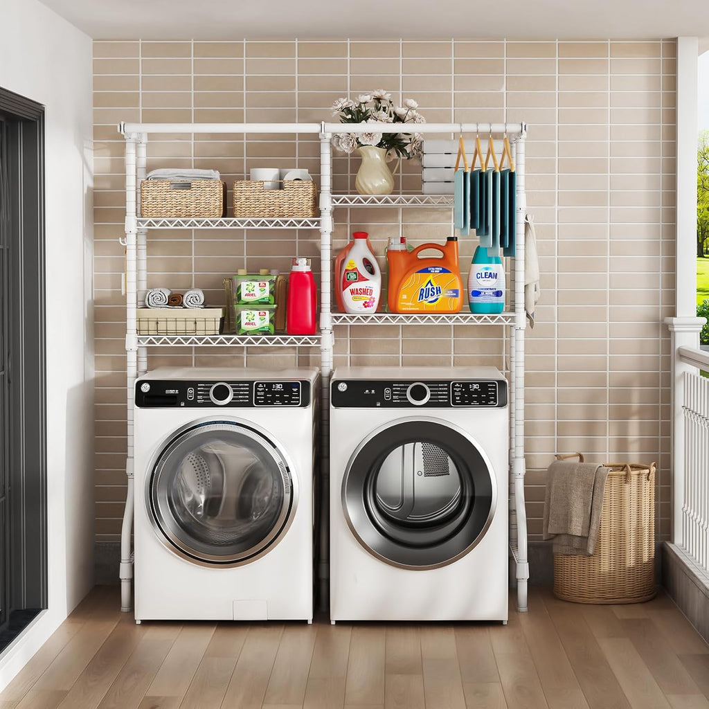 ULIFHOME U14 Medium Over the Washer and Dryer Shelves, 4 Tiers Laundry Room Storage and Organizer System, Space Saving Clothes Drying Rack with 2 Clothes Hanger Rods, 57.8'W x 20.5'D x 77.4'H, White