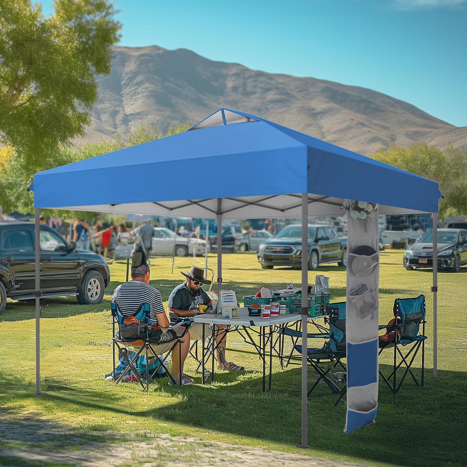 MFSTUDIO Pop Up Canopy Tent, 10x10 Canopies Outdoor One Person Push Set Up Tent Instant Portable Shelter Tents with Vented Top, Storage, 4 Sandbags, Beach Canopy,Blue