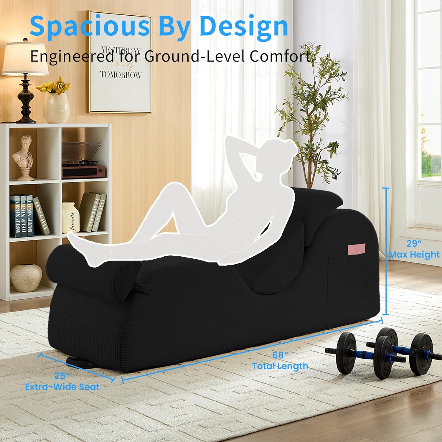 ijuicy 25' Wide Ergonomic Stretch Yoga Chair, Modern Floor Relax Chaise Lounge Chair with Adjustable Headrest, Waist Support Cushion, Movable Footrest & Side Pockets-Black