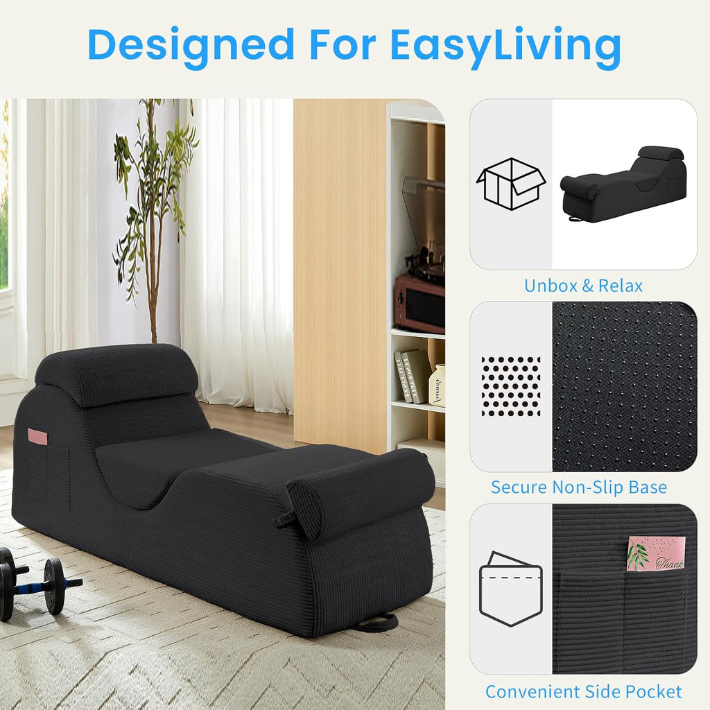 ijuicy 25' Wide Ergonomic Stretch Yoga Chair, Modern Floor Relax Chaise Lounge Chair with Adjustable Headrest, Waist Support Cushion, Movable Footrest & Side Pockets-Dark Grey