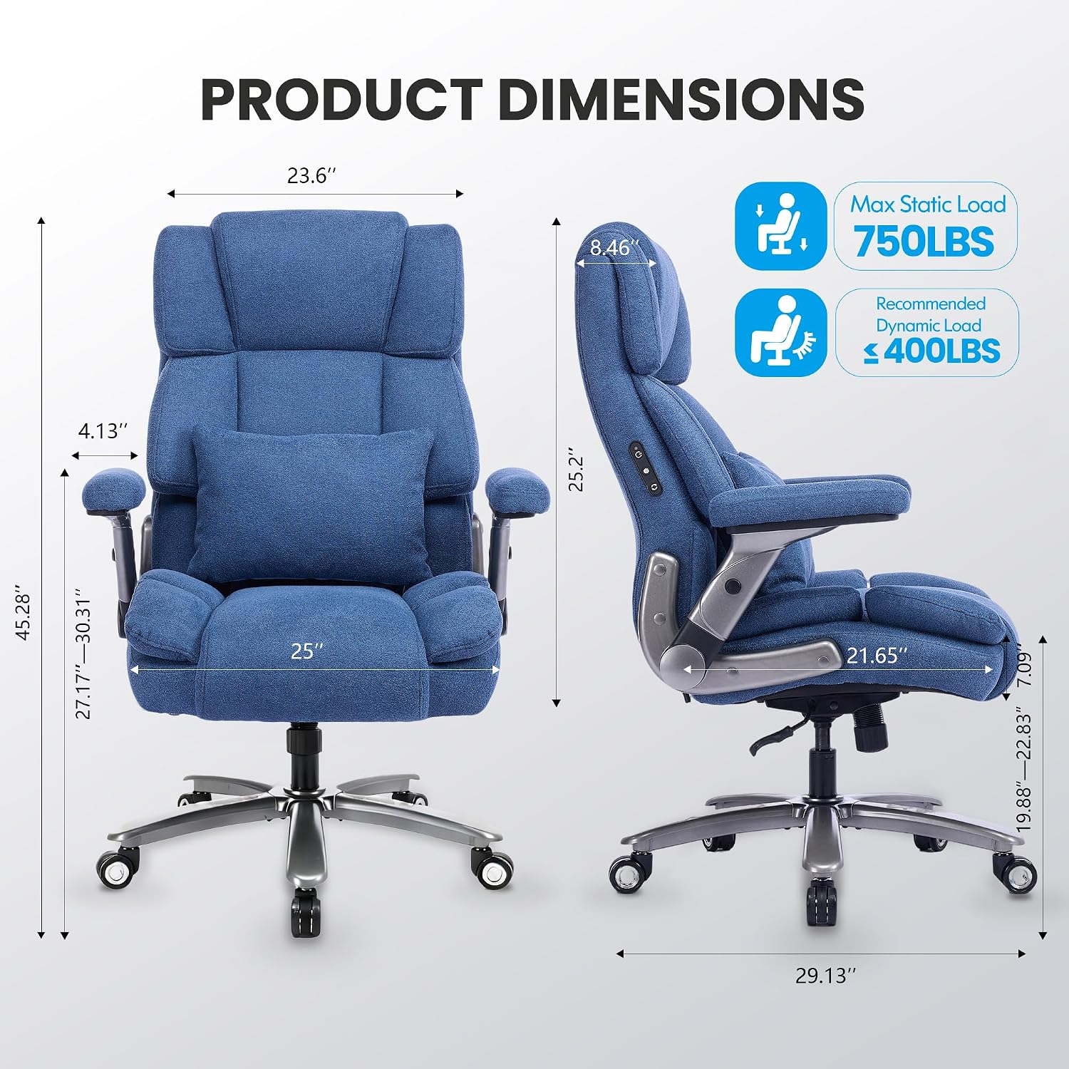 750lbs Heavy Duty Desk Chair with 3D Kneading Massage, Big and Tall Office Chairs with Ergonomic Support, 3D Armrests, 5 Quiet Dual Rubber Wheel, Thick Pocket Spring Cushion(Blue, Fabric)
