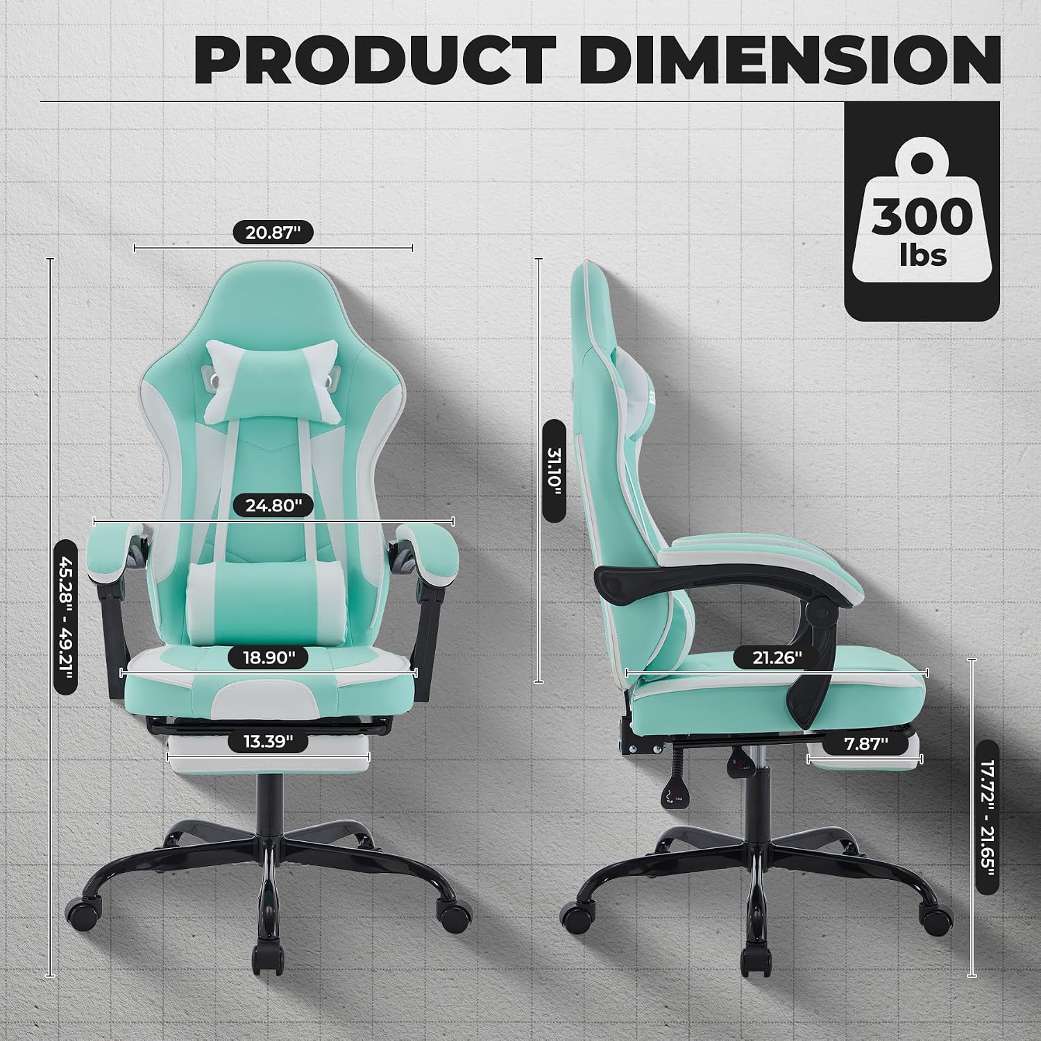 Gaming Chair with Massage and Footrest, Ergonomic High Back PC Racing Chair, 300LBS Capacity with Adjustable Lumbar Support & Headrest for Office and Desk (Model E, Green+White)