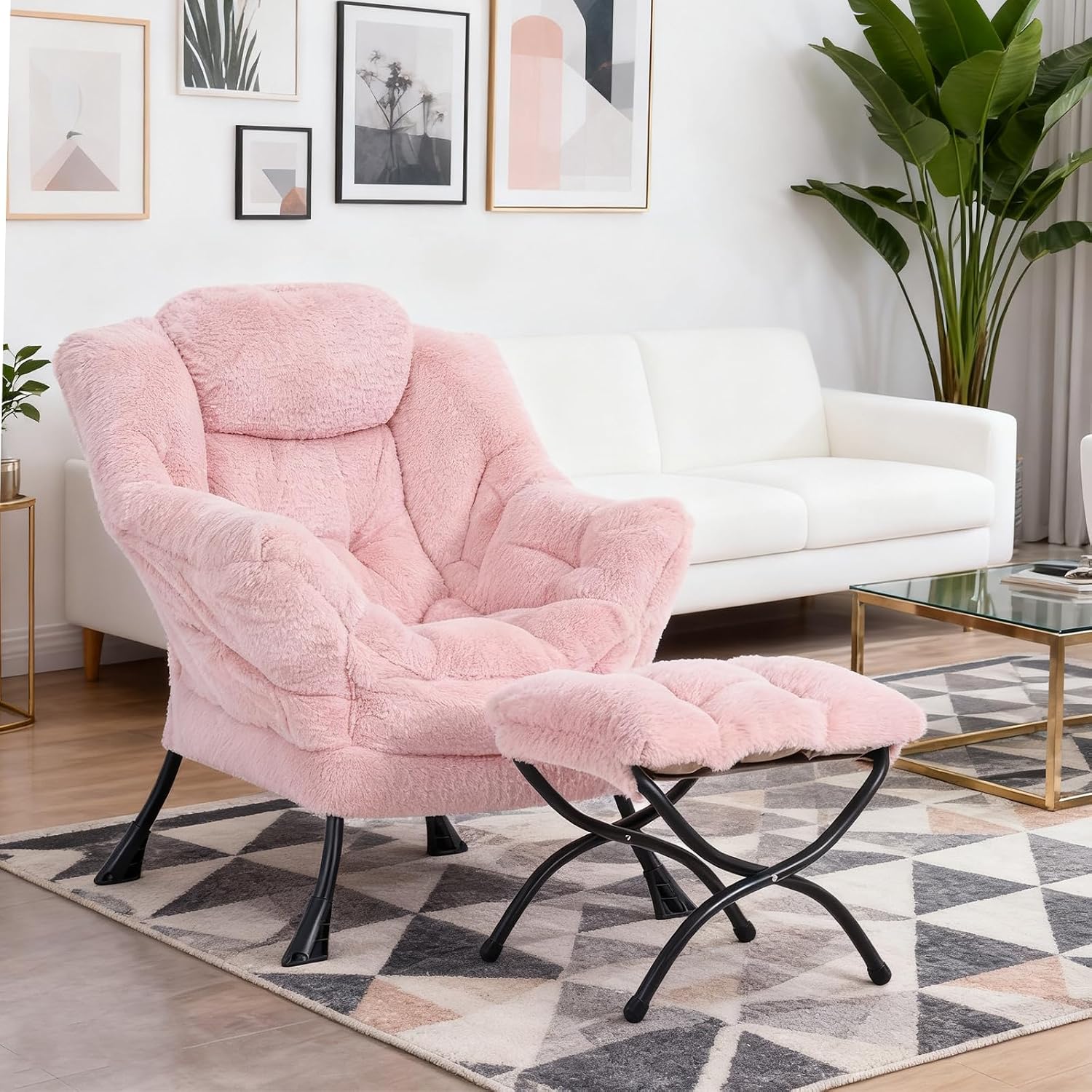 Welnow Lazy Chair with Ottoman, Modern Accent Chair with Armrests and a Side Pocket, Leisure Sofa Armchair Set, Reading Armchair with Footrest for Small Space, Plush Pink
