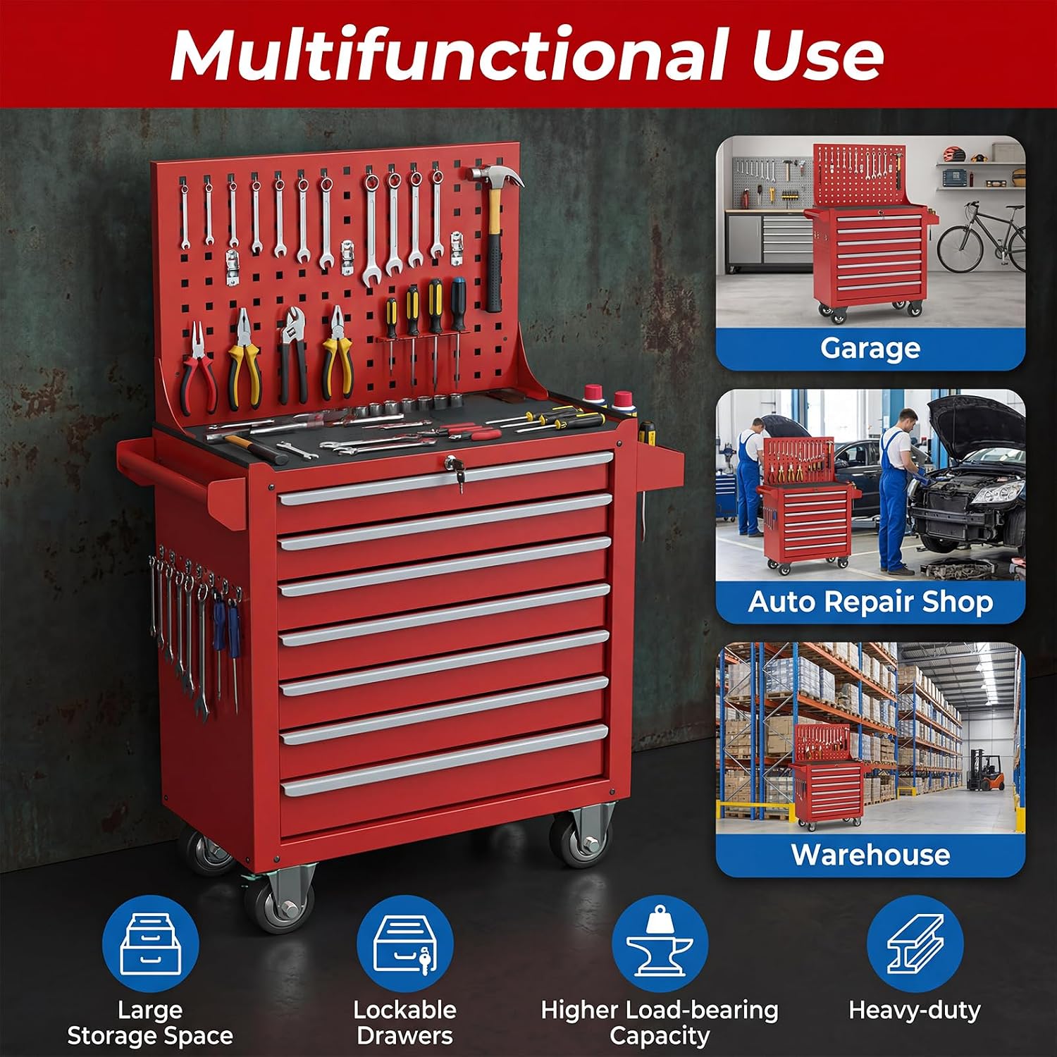 Rolling Tool Chest with Wheels, 7 Drawers Tool Storage Cabinet, Portable Metal Tool Box Organizer with Lock, Tool Cart on Wheels Toolbox Workbench for Garage, Workshop, Warehouse(Required Assembly)