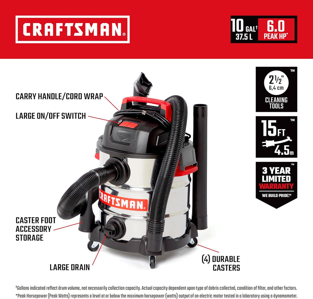 CRAFTSMAN CMXEVBE17155 10 Gallon 6.0 Peak HP Stainless Steel Wet Dry Vac, Portable Shop Vacuum Wet and Dry with Filter, Hose and Attachments for Home and Garage Use