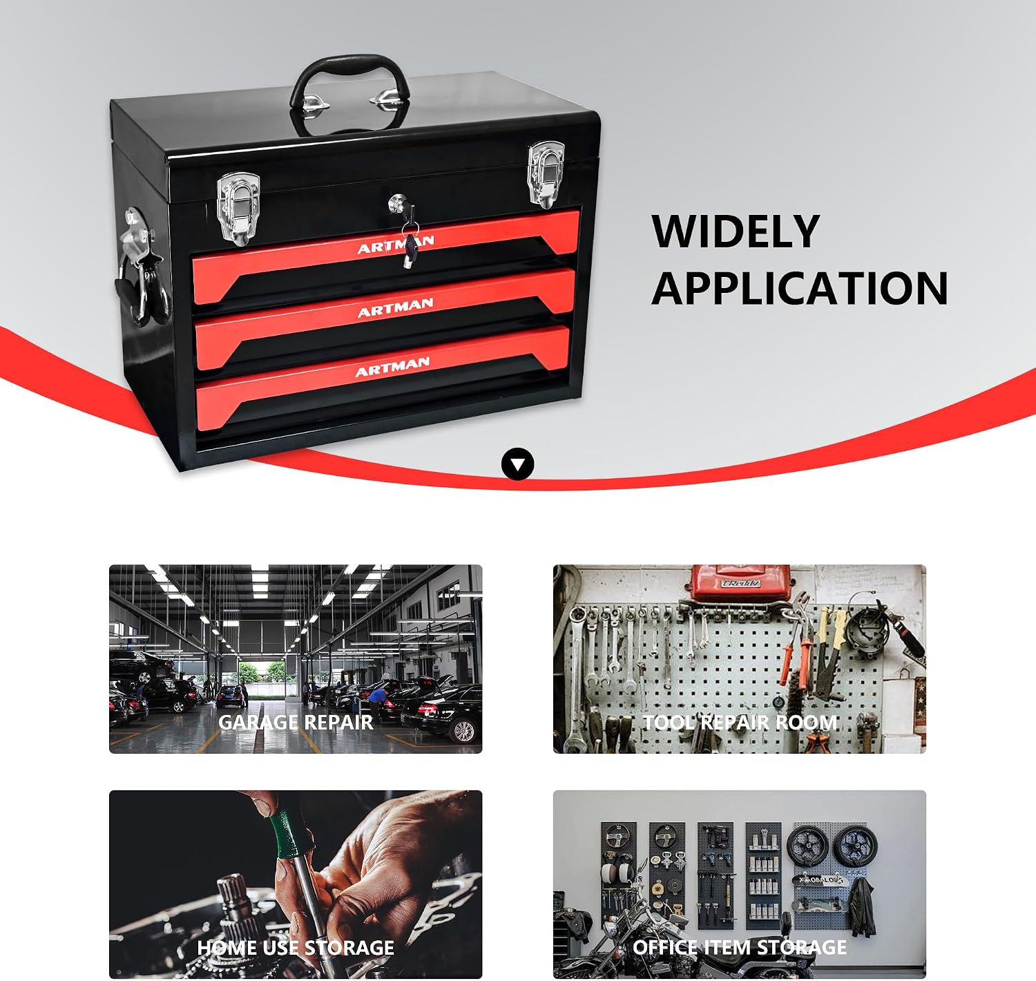 3-Drawer Tool Chest with 439-Piece Mechanics Tool Set | Heavy-Duty Steel Portable Tool Box with Complete Socket & Wrench Kit for Workshop, Garage, and Home Use (Black & Red)