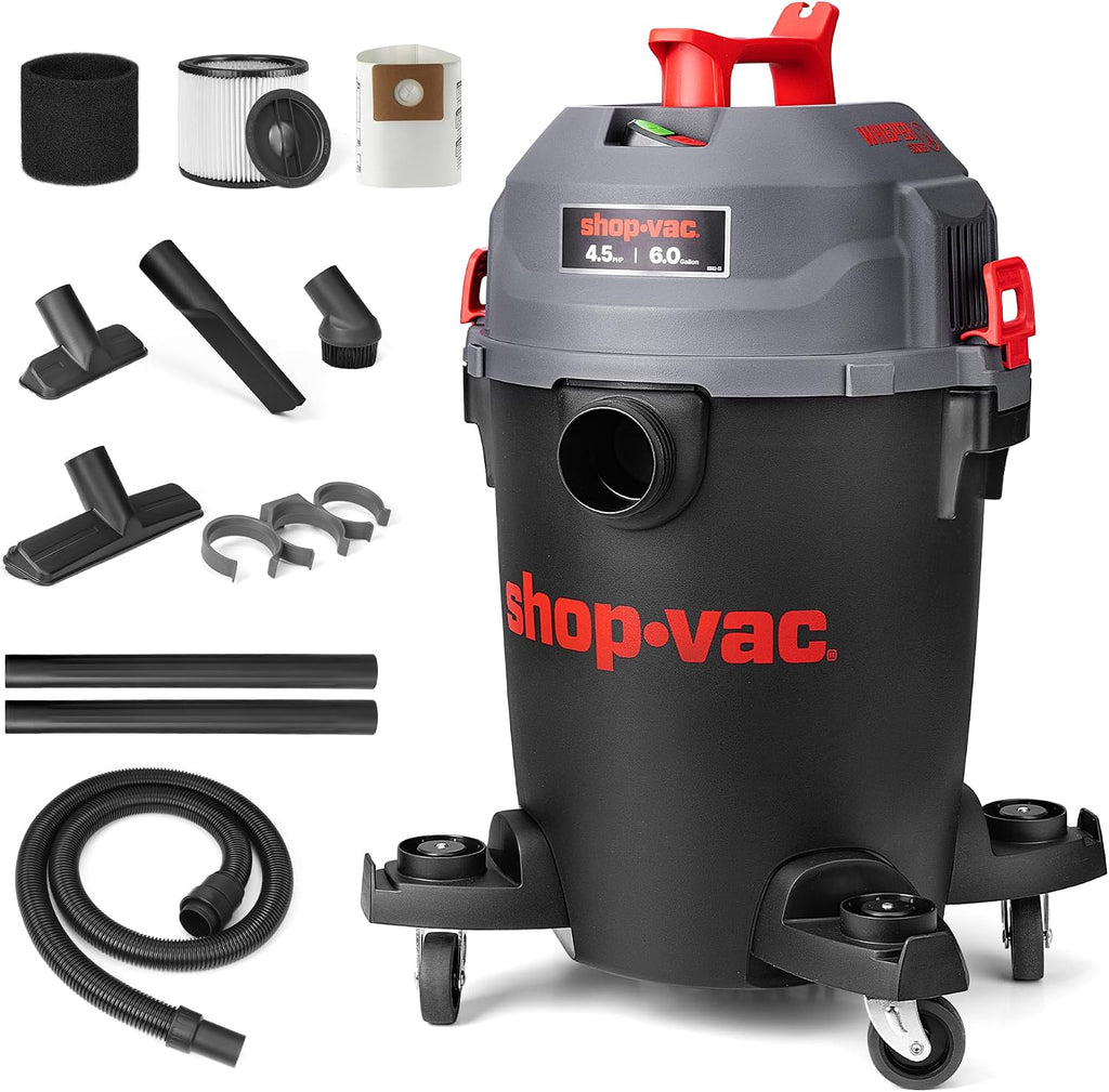 Shop-Vac 6 Gallon Ultra Quiet Shop Vacuum Wet and Dry, 4.5HP Powerful Suction Wet/Dry Vacuum with Attachments, 1-7/8 in. x 7 Ft Hose, 15 Ft Cord, Ideal for Jobsite, Garage, Workshop & Home, 5430541