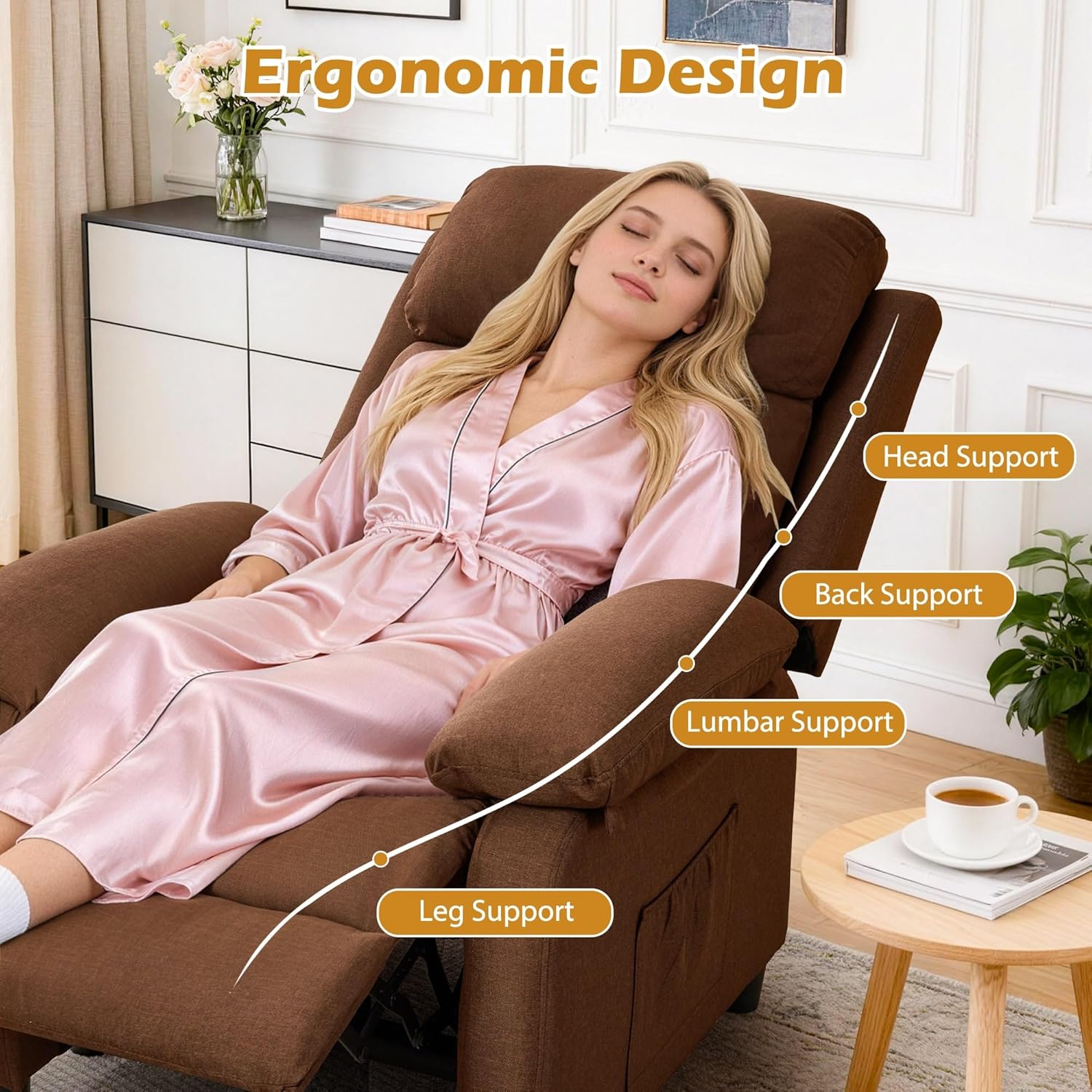 Korser Recliner Chair, Living Room Chairs for Adults, Padded Deep Seat Reading Chair with Side Pockets, Small Recliners for Small Spaces, Lounge Chair for Living Room, Bedroom, and RV (Linen)