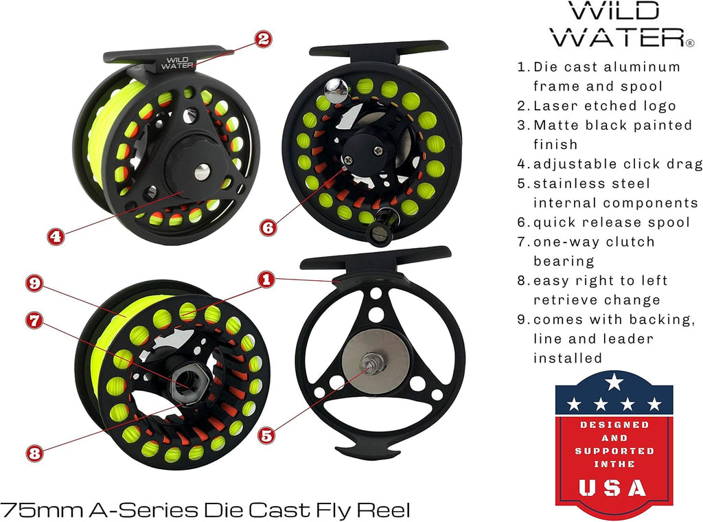 Wild Water Deluxe Fly Fishing Combo Starter Kit, 7-Foot Pole, 4-Piece Fly Rod Kit, 3/4 Weight, Fishing Accessories, Includes Die cast Aluminum Reel and Hard Tube Case with Pouch, Fly Box and Flies