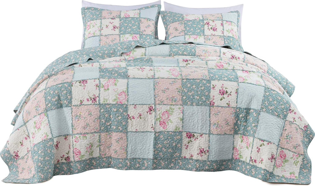 Chezmoi Collection Abbi 3-Piece Shabby Chic Bedding Queen Quilt Set Pre-Washed Cotton Floral Coverlet Bedspread Ruffled Patchwork Quilt Queen Size