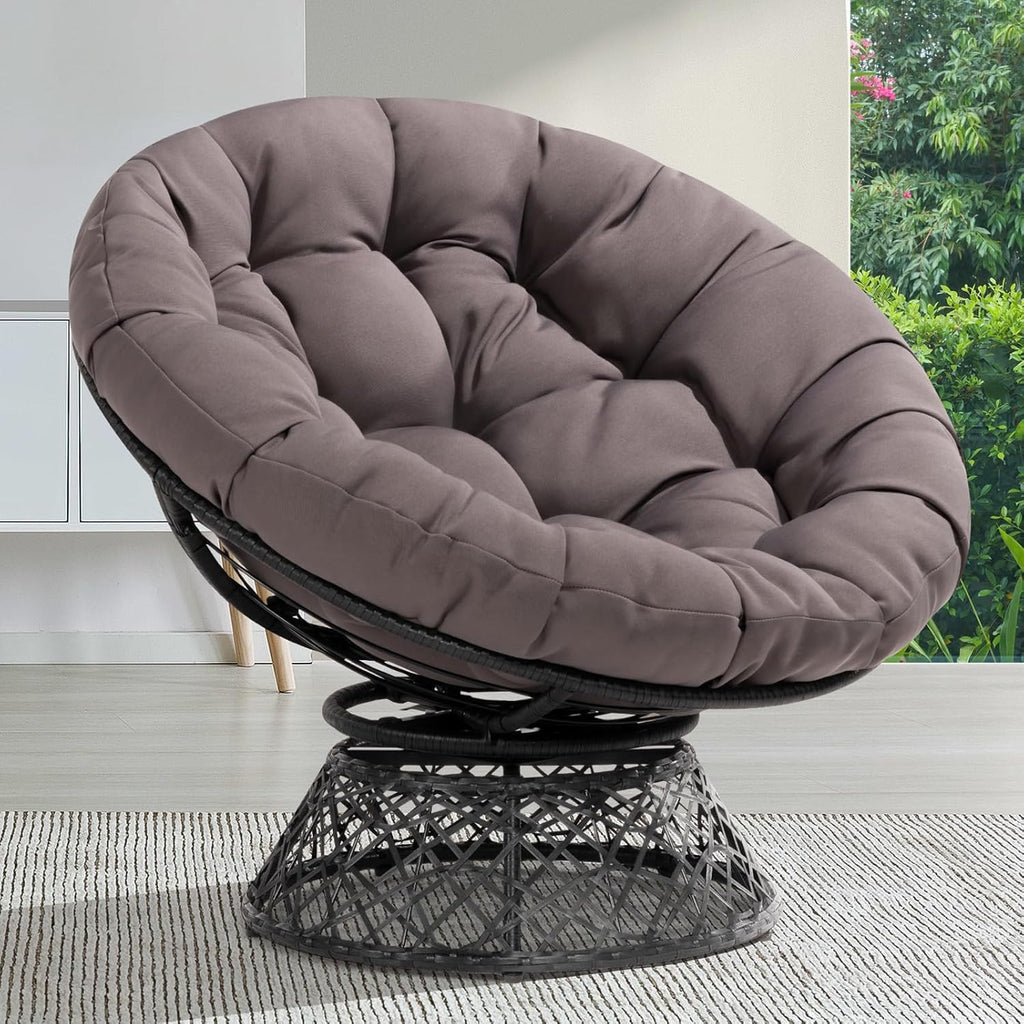 Bme 40' Ergonomic Wicker Papasan Chair with Soft Thick Density Fabric Cushion, High Capacity Steel Frame, 360 Degree Swivel for Living, Bedroom, Reading Room, Lounge, Smoky Quartz - Black Base