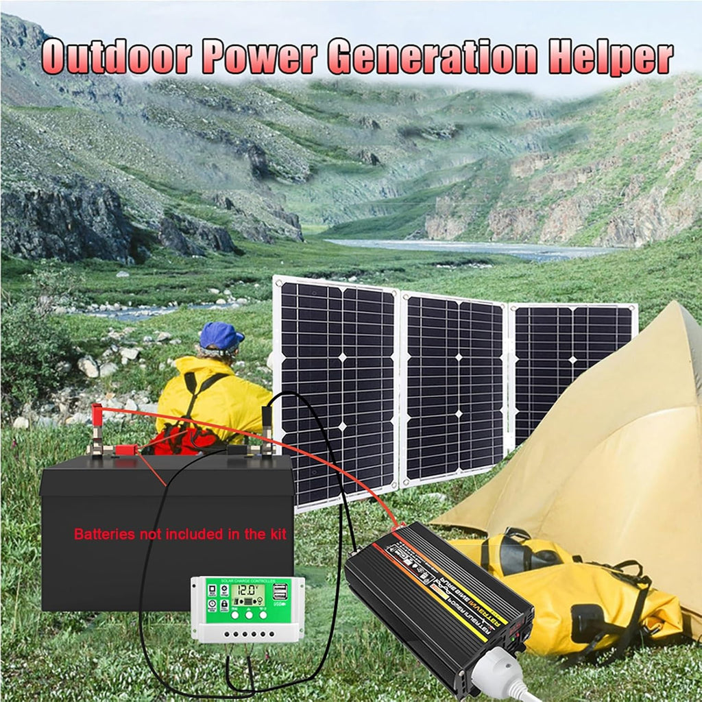 3000W Solar System Kit - 12V to 110V/220V Inverter, Complete Solar Generator with 75W Folding Panel & 50A Controller for Home/Grid Use, Efficient Photovoltaic Power Solution (Black)