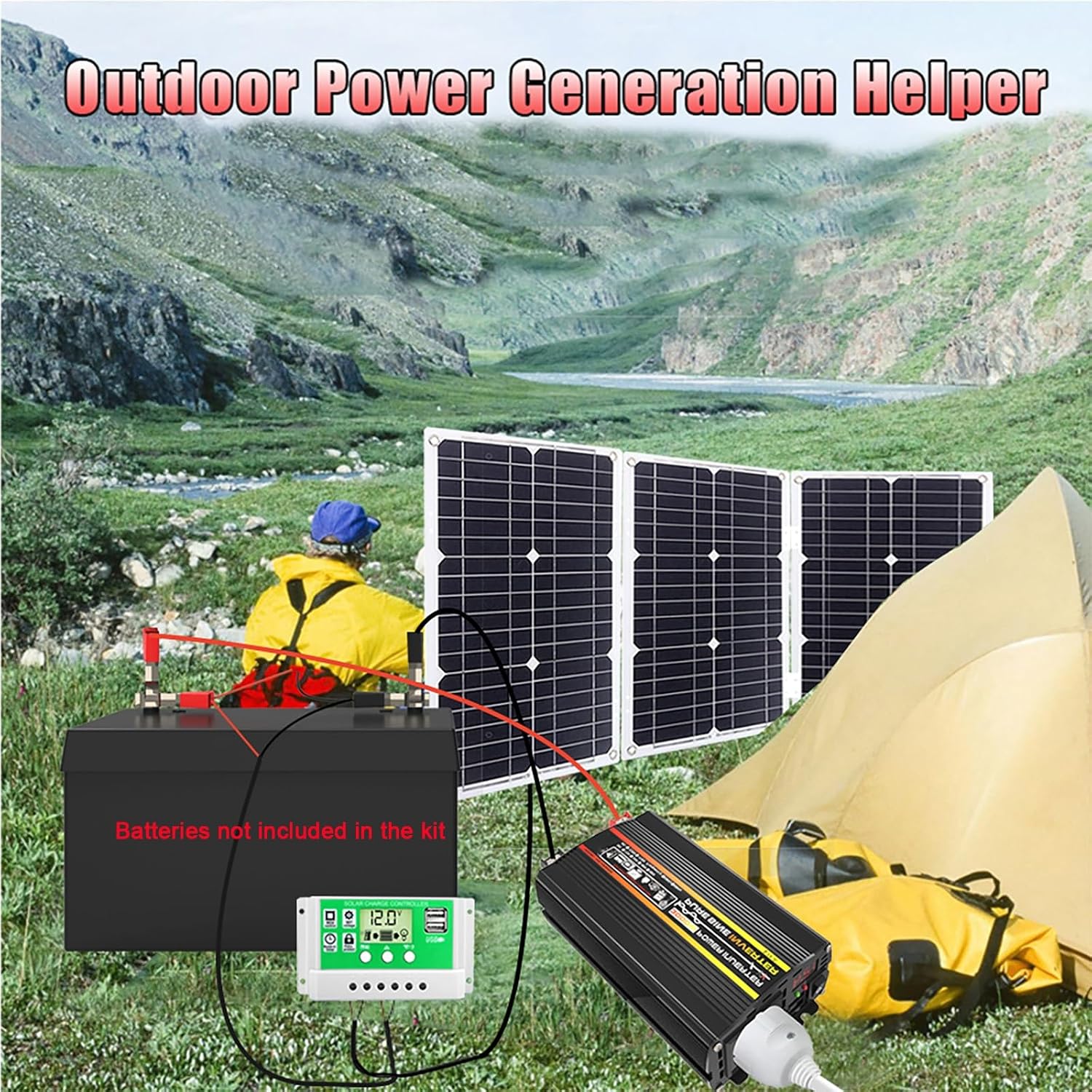 3000W Solar System Kit - 12V to 110V/220V Inverter, Complete Solar Generator with 75W Folding Panel & 50A Controller for Home/Grid Use, Efficient Photovoltaic Power Solution (Black)