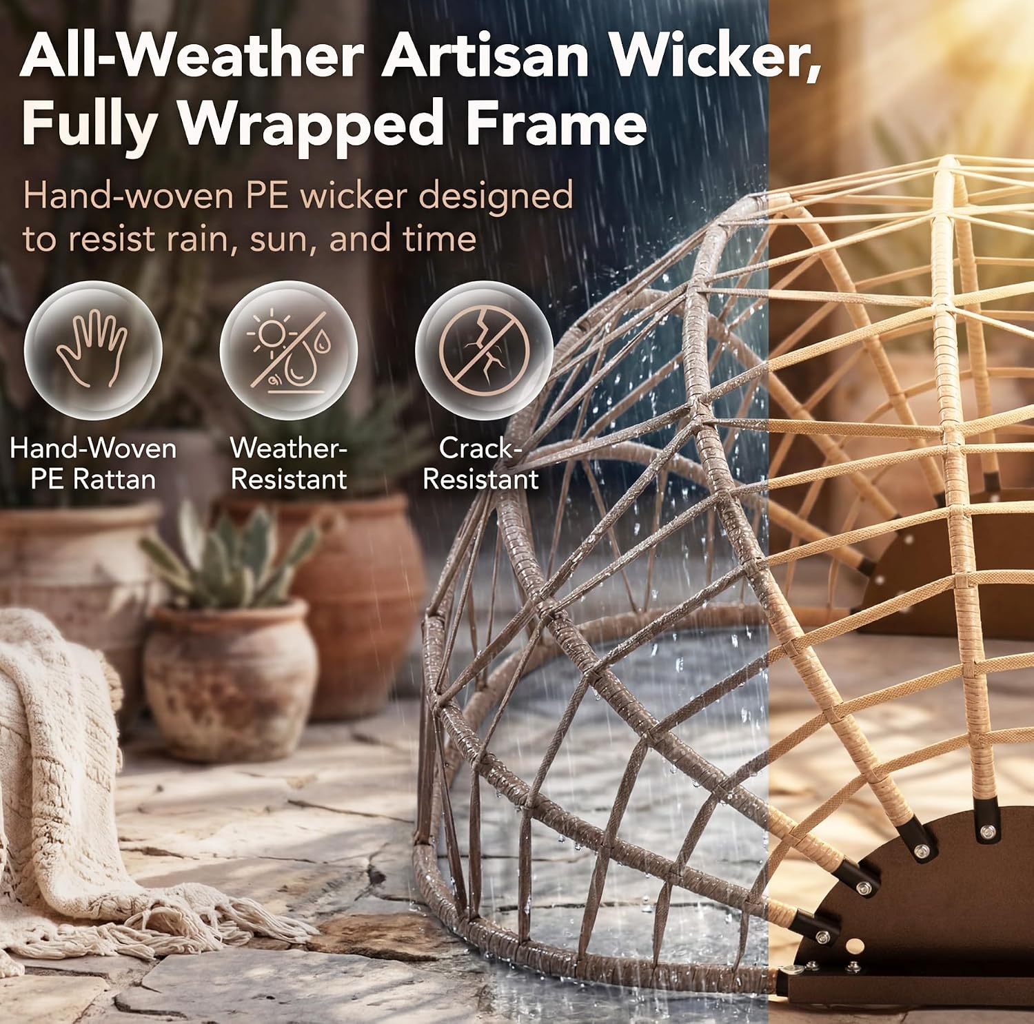 NICESOUL Double Egg Chair Outdoor Indoor, Oversized Swing w/Stand for 2, All-Weather Rattan Hanging Loveseat Comfy, Patio Swinging Seat w/Cushion & Cover for Living Room, Porch, Deck, Beige