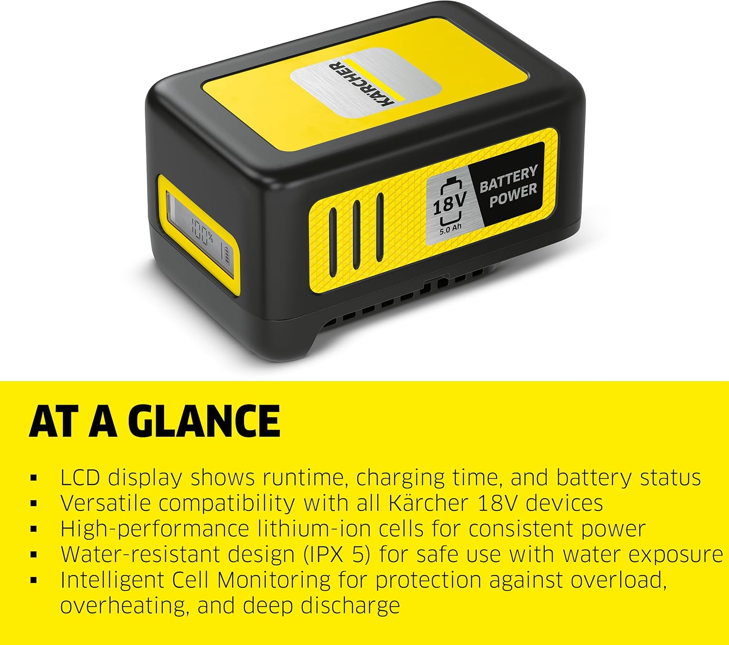 Kärcher Battery Power 18/50, 18 V Battery with 5.0 Ah Compatible Garden Tools, Real Time Technology, Intelligent Cell Monitoring, LCD Display, Lithium-Ion Cells