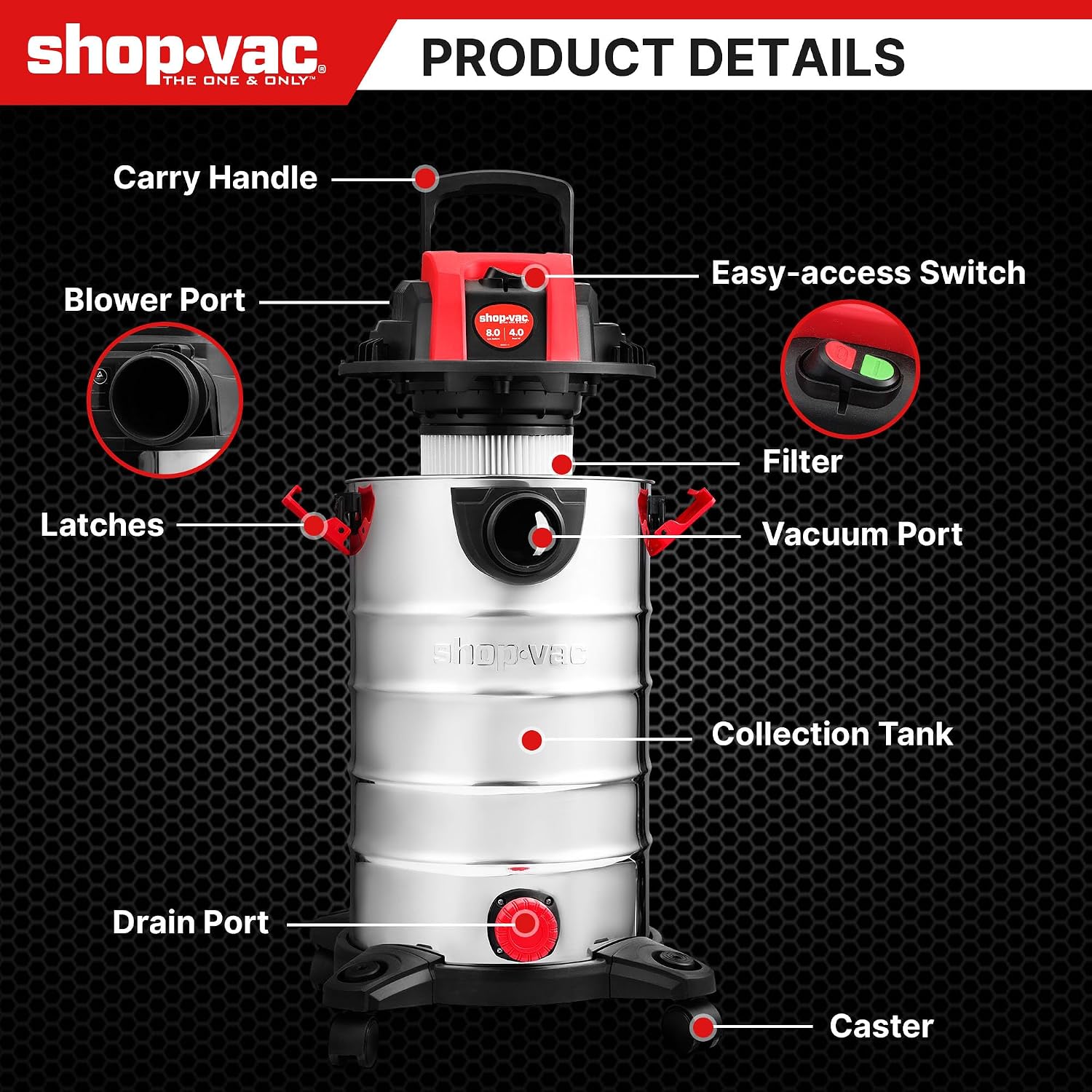 Shop-Vac 8 Gallon 4.0 HP Wet/Dry Vacuum with Blower Function, Stainless Steel Tank, Portable Shop Vacuum with Wheels, Includes Filters, Hose & Accessories, Ideal for Garage and Workshop