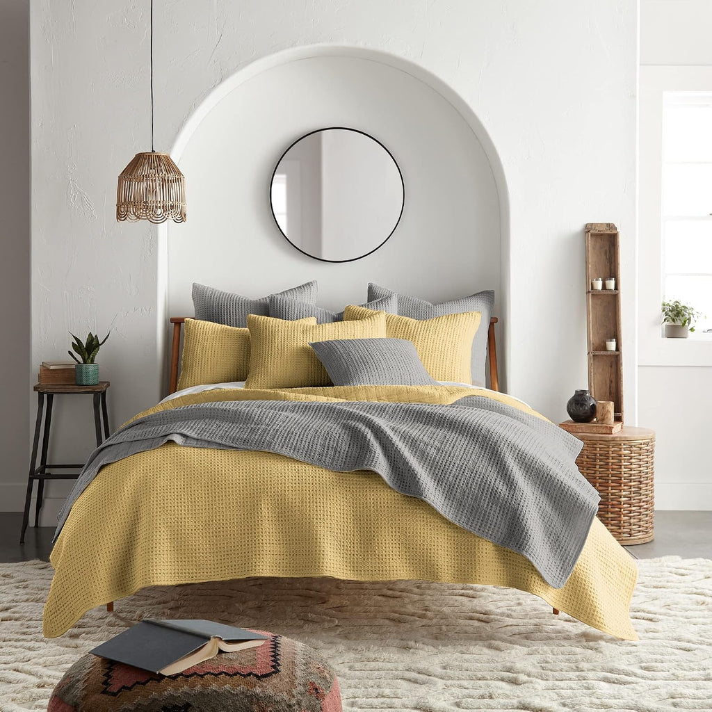 Levtex Home Mills Waffle Full/Queen Quilt Set (88x92in) with 2 Pillow Shams (26x20in) - Ochre - Cotton Waffle Full/Queen Size Quilt Bedding Set - Lightweight, Soft, Pre-Washed