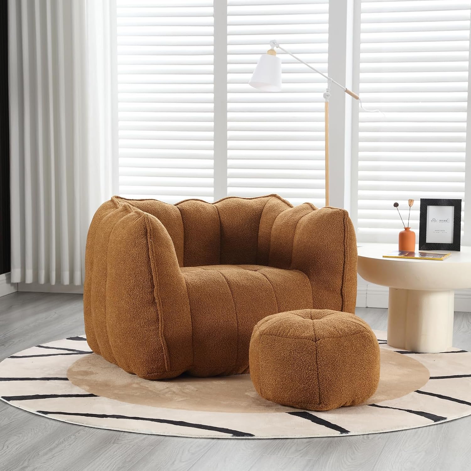 Giant Bean Bag Chair with Ottoman, Oversized Beanbag Chair for Adults, Comfy Floor Sofa Chair with Foam Filler, Pumpkin Lazy Lounger for Living Room, Game Room, Reading Corner, Chenille Yellow