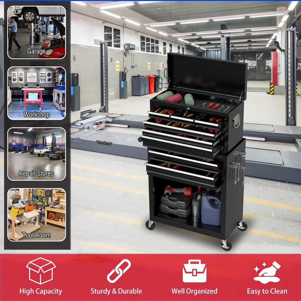 8 Drawers Rolling Tool Chest with Drawers, High Capacity Toolbox on Wheels, Lockable Drawers Tool Box Organization and Storage, Tool Cabinets on Wheels for Garage and Repair Shop(Black)