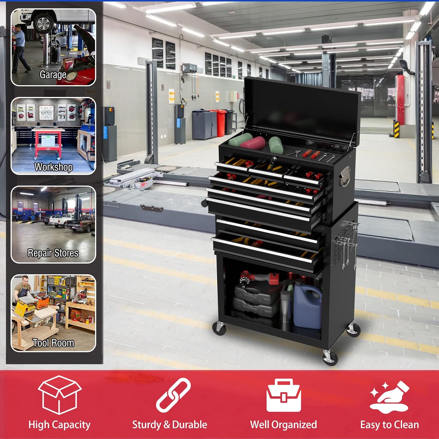 8 Drawers Rolling Tool Chest with Drawers, High Capacity Toolbox on Wheels, Lockable Drawers Tool Box Organization and Storage, Tool Cabinets on Wheels for Garage and Repair Shop(Black)