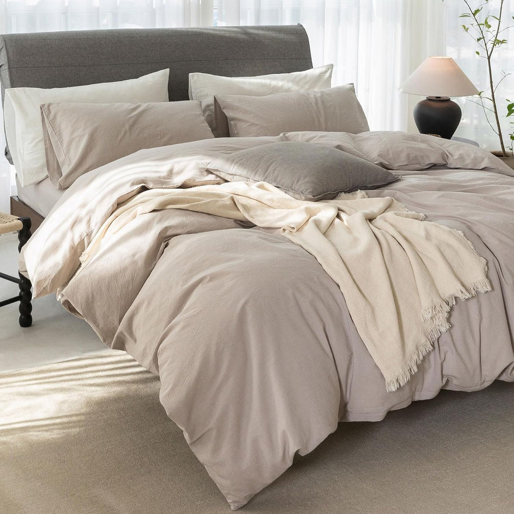 Super King Plus Cooling Duvet Cover Set - 3 Pieces 100% Cotton Bedding, Breathable, Crisp Linen-Like Texture, Naturally Soft & Gets Better, Hidden Zipper & Corner Ties – Beige Grey, 120'x120'