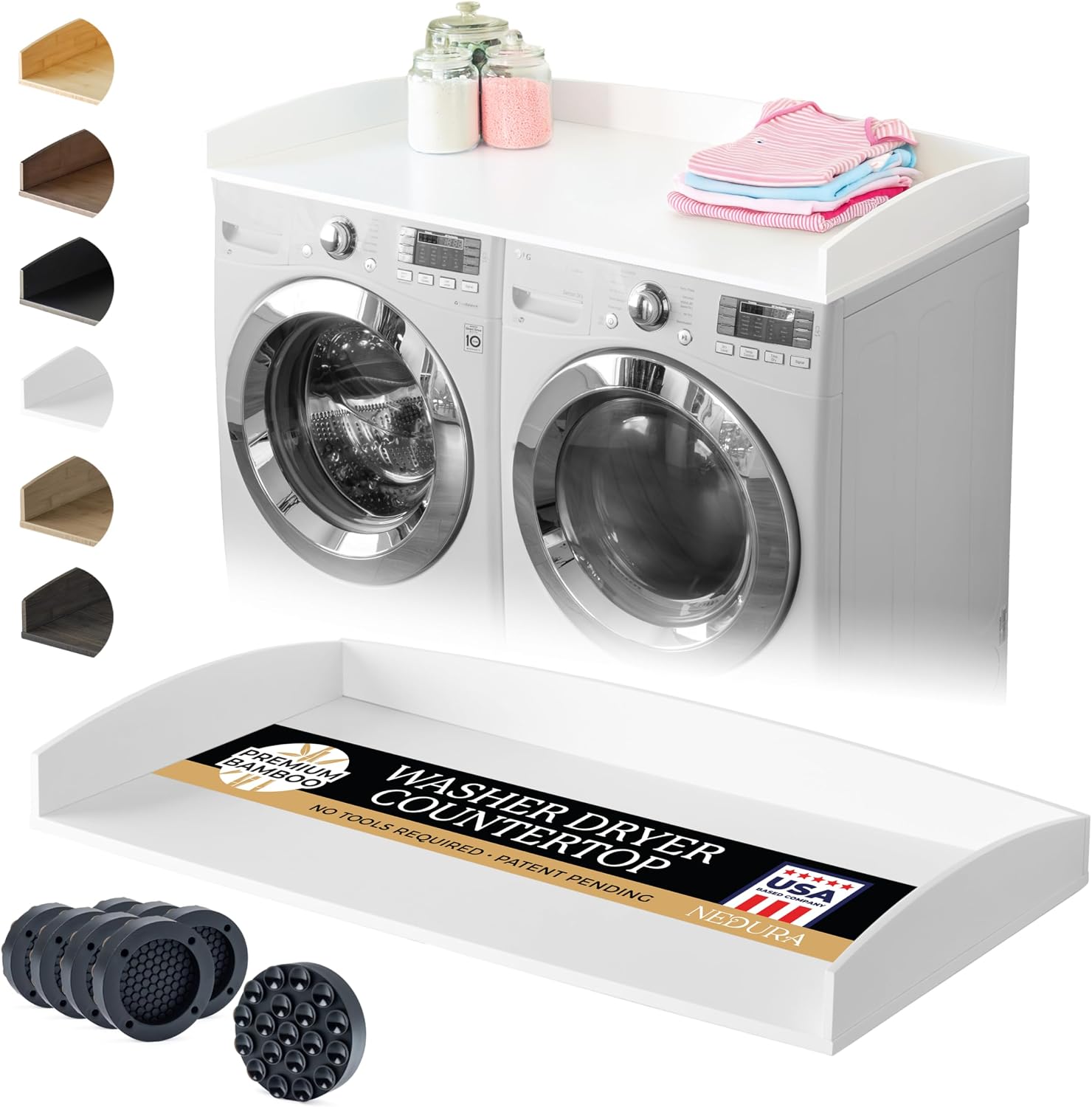 Nedura Washer Dryer Countertop for Washing Machine w/Anti-Vibration Pads &Curved Edge Rails, Premium Bamboo Laundry Countertop, Washer Dryer Topper, Laundry Room Organization, Laundry Accessory-White