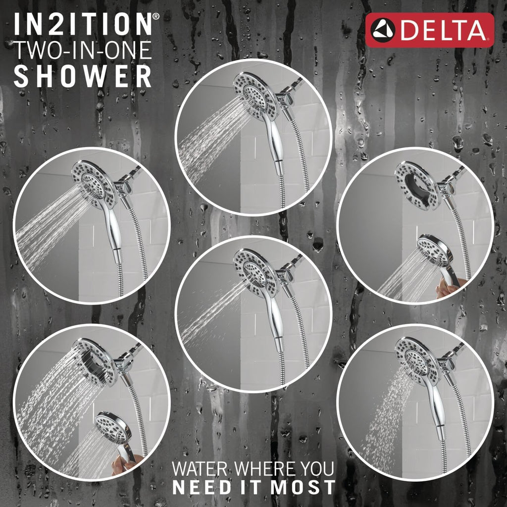 Delta Albion 14 Series Chrome Shower Faucet Set with In2ition 2-in-1 Dual Shower Head with HandHeld Spray Combo, Valve Trim Kit, Chrome T142855-I (Valve Not Included)
