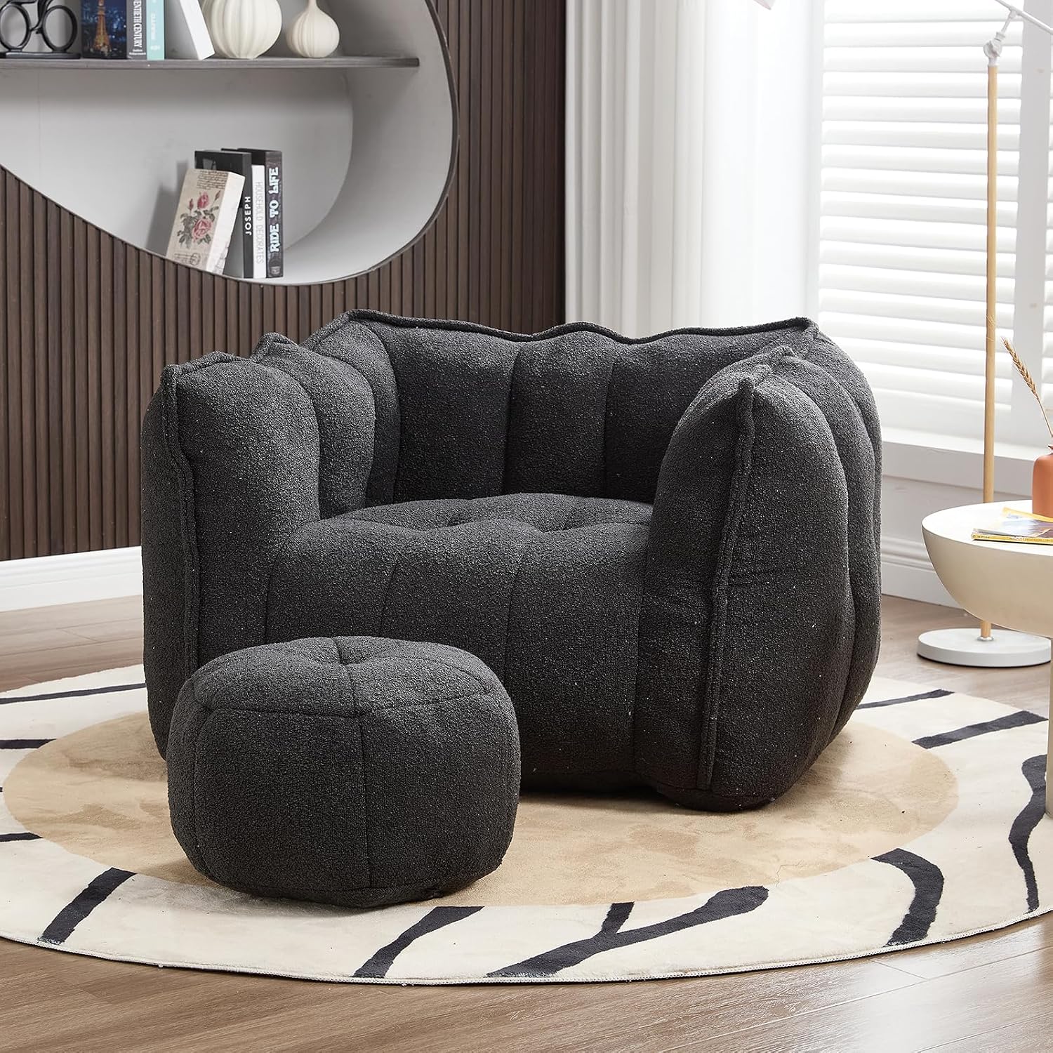 Giant Bean Bag Chair with Ottoman, Oversized Beanbag Chair for Adults, Comfy Floor Sofa Chair with Foam Filler, Pumpkin Lazy Lounger for Living Room, Game Room, Reading Corner, Chenille Black