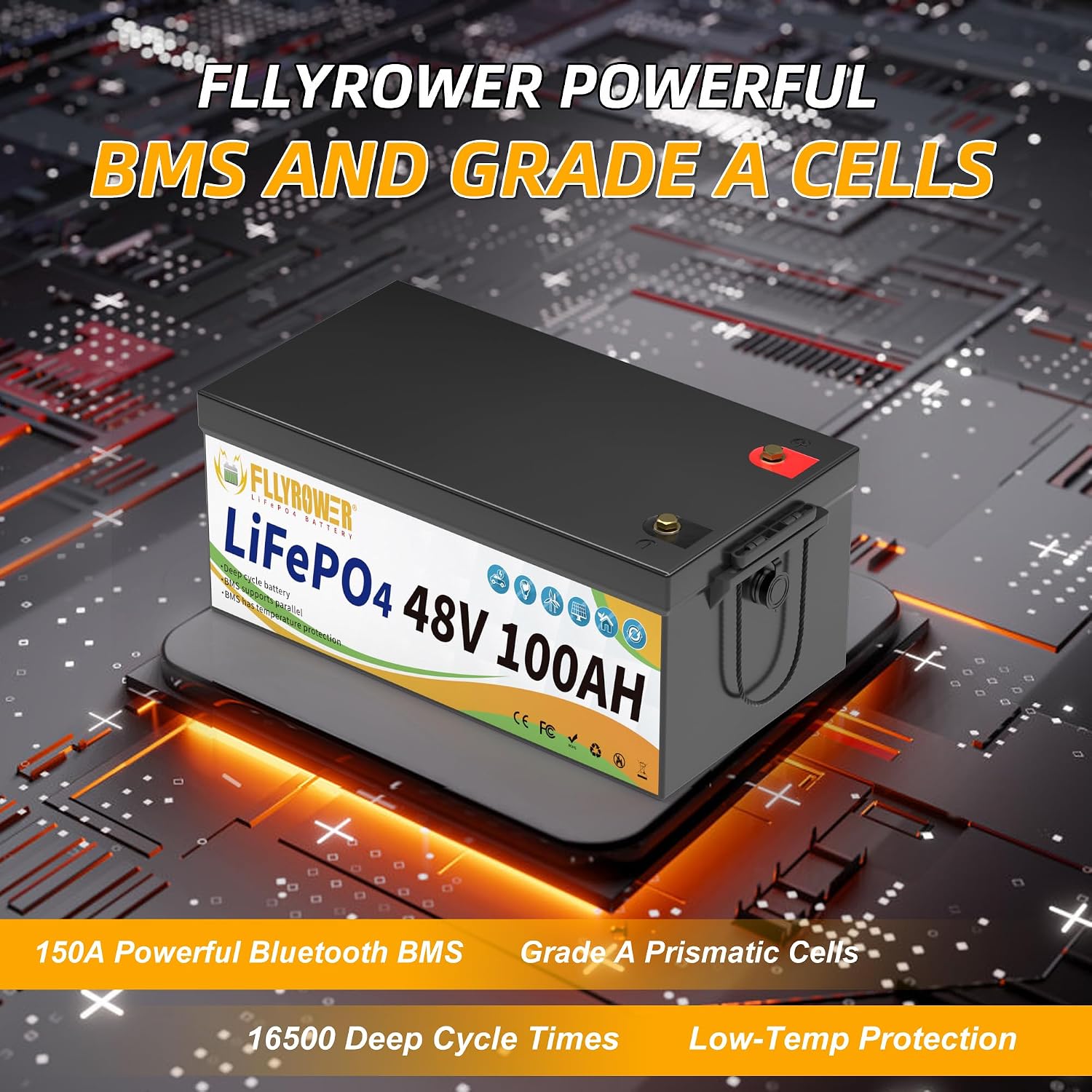 FLLYROWER Lithium Battery Bluetooth 48V 100AH with Smart 150A BMS 16500 Deep Cycles Lifepo4 Battery Grade A Cells Include a Monitor