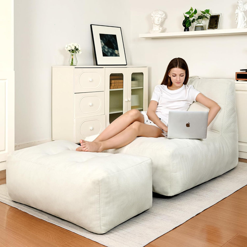 Bean Bag Chair with Ottoman, Giant Bean Bag Chairs for Adults with Memory Foam, Comfy Bean Bag Sofa for Bedroom, Lounge Beanbag of Reading and Gaming with Filler Included(White)