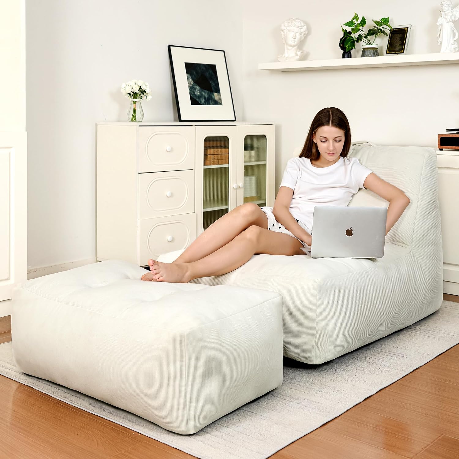 Bean Bag Chair with Ottoman, Giant Bean Bag Chairs for Adults with Memory Foam, Comfy Bean Bag Sofa for Bedroom, Lounge Beanbag of Reading and Gaming with Filler Included(White)