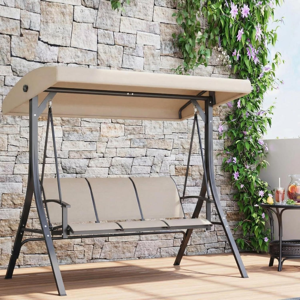 GarveeLife 3-Seat Patio Swing Chair, Outdoor Porch Hanging Chairs with Adjustable Canopy and Armrests, Breathable Textilene Fabric Seat & Backrest, Swing Bench for Garden, Poolside, Backyard, Beige