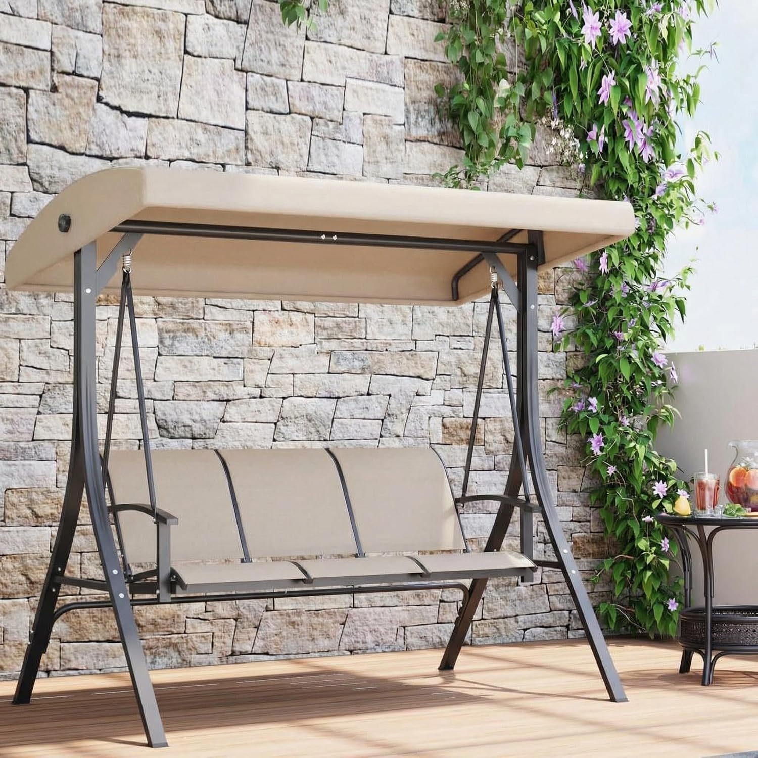 GarveeLife 3-Seat Patio Swing Chair, Outdoor Porch Hanging Chairs with Adjustable Canopy and Armrests, Breathable Textilene Fabric Seat & Backrest, Swing Bench for Garden, Poolside, Backyard, Beige
