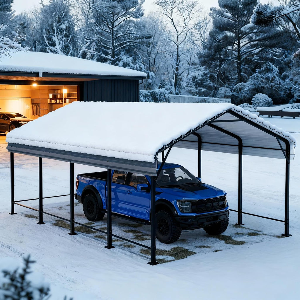 JAMFLY Carport, Heavy Duty Carport Canopy with Galvanized Steel Roof and Frame, Metal Car Garage Upgraded Extra Large Garage for Pickup, Boat, Car and Tractors, 12x20FT Grey