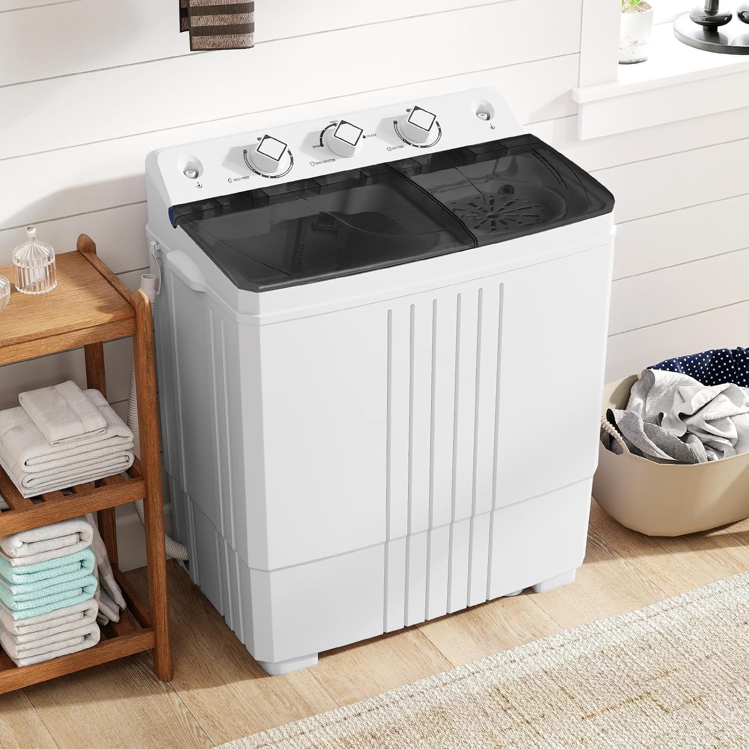 COSTWAY Portable Washing Machine, Twin Tub 20Lbs Capacity, Compact Laundry Washer(12Lbs) and Spinner(8Lbs), Durable Design for Apartment Dorm RV, Black+White
