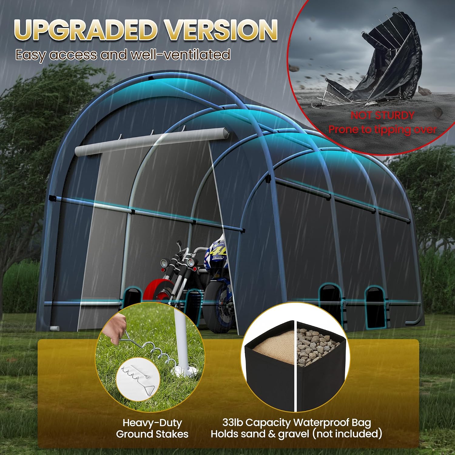 FansaFurn Domed Carport with 4 Cloth Bags, Portable Garage with 2 Roll-up Doors, Heavy Duty Car Canopy Party Tent, All-Season Storage Shelter Shed for Cars, Truck, or Garden Tools, 10' x 15'