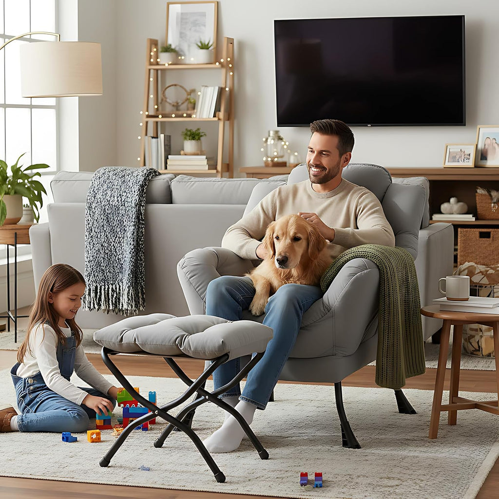 Welnow Lazy Chair with Ottoman, Modern Accent Chair with Armrests and a Side Pocket, Leisure Sofa Armchair Set, Reading Armchair with Footrest for Small Space, Light Grey