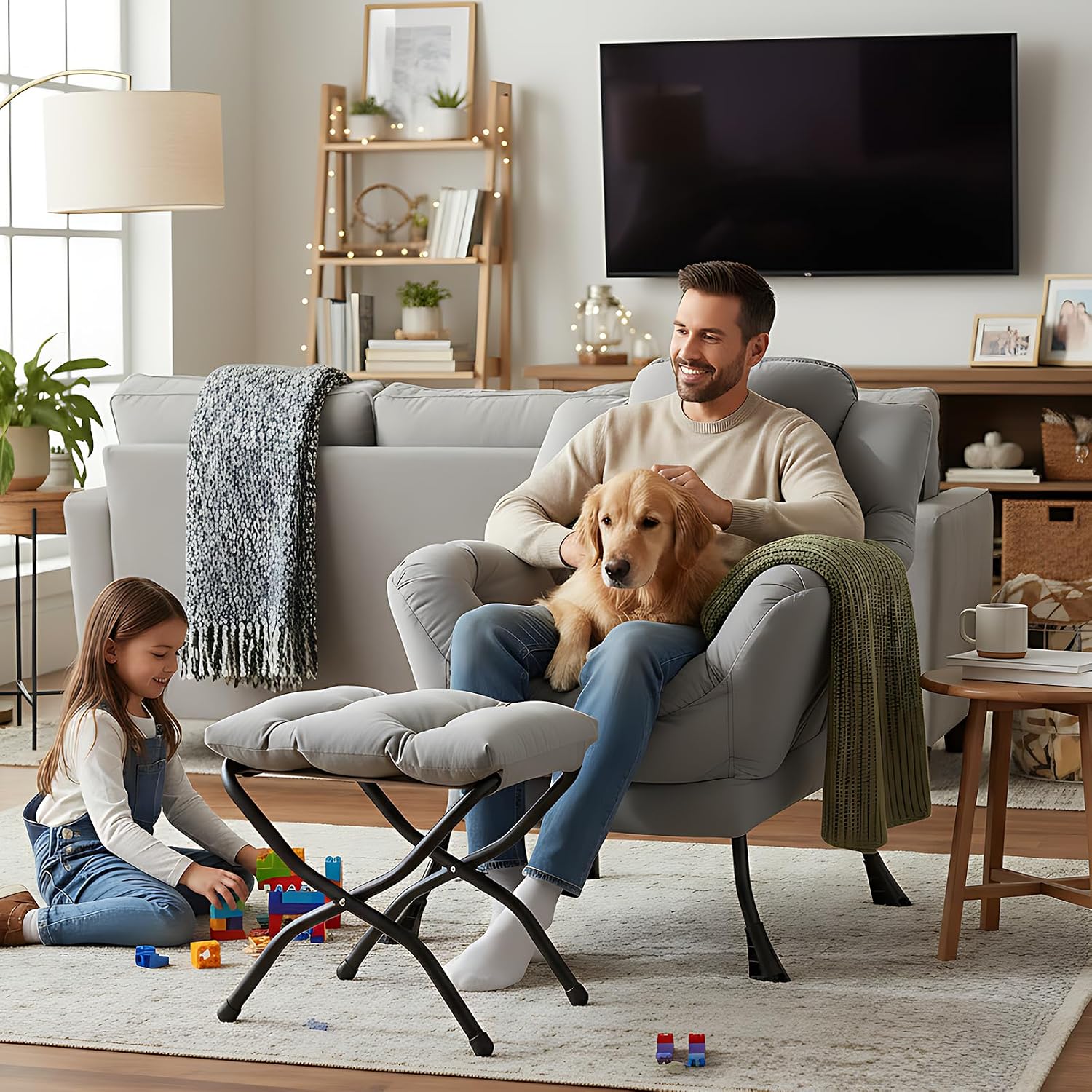 Welnow Lazy Chair with Ottoman, Modern Accent Chair with Armrests and a Side Pocket, Leisure Sofa Armchair Set, Reading Armchair with Footrest for Small Space, Light Grey