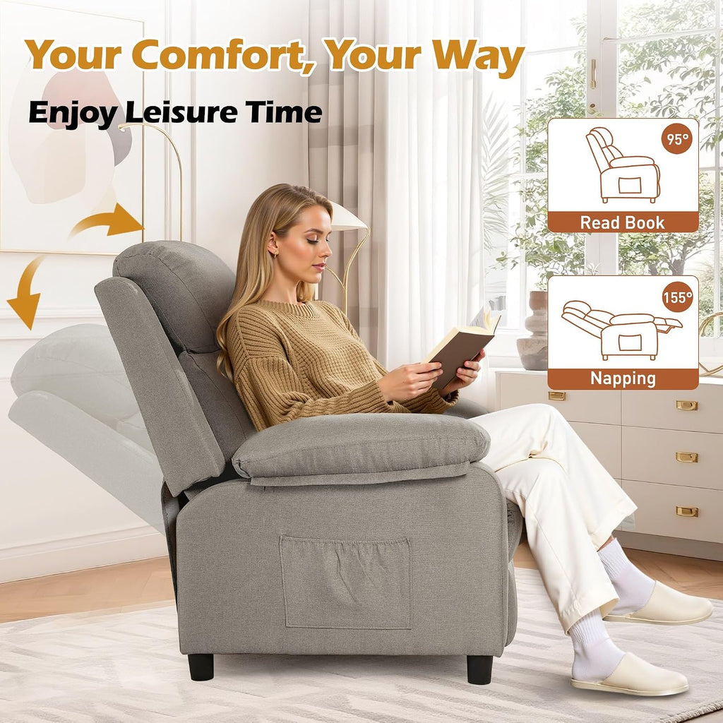 Korser Recliner Chair, Living Room Chairs for Adults, Padded Deep Seat Reading Chair with Side Pockets, Small Recliners for Small Spaces, Lounge Chair for Living Room, Bedroom, and RV (Linen)