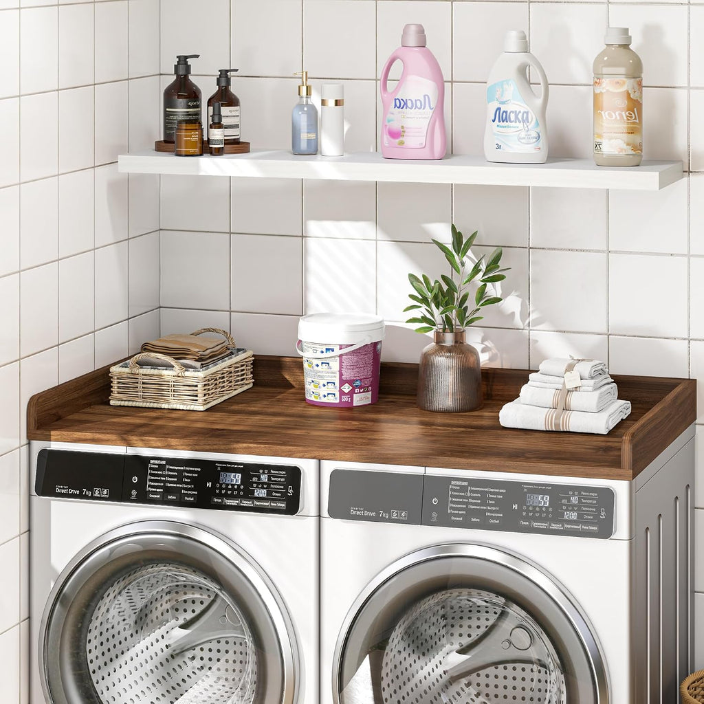 Washer Dryer Countertop, 27.5'x54' Wood Washer and Dryer Countertop with 2.95' Edge Rails, Laundry Machine Topper with Rounded Corner for Laundry Room Organization and Storage, Walnut