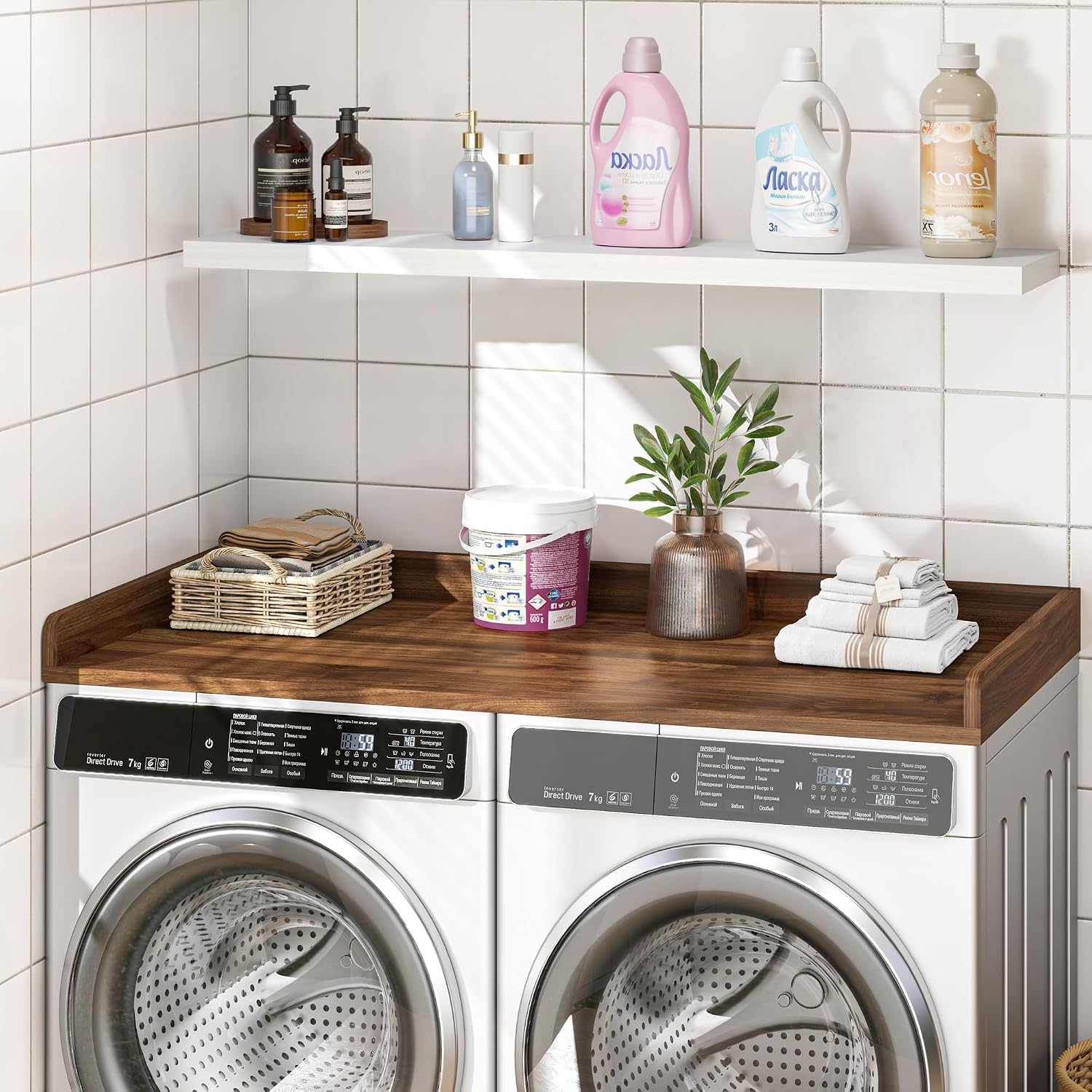 Washer Dryer Countertop, 27.5'x54' Wood Washer and Dryer Countertop with 2.95' Edge Rails, Laundry Machine Topper with Rounded Corner for Laundry Room Organization and Storage, Walnut