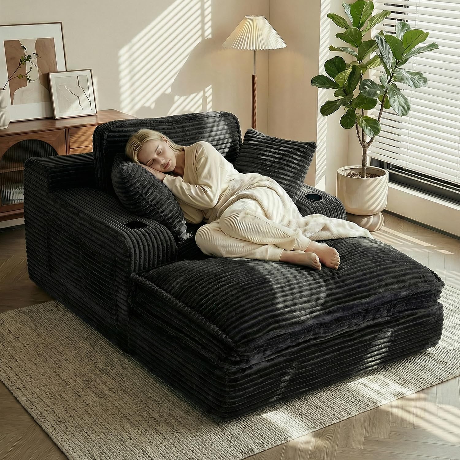 67' Oversized Chaise Lounge Chair Indoor, Soft Boneless Cloud Couch with 3 Pillows, 4 Side Pockets and 2 Cup Holders, Comfy Corduroy Sleeper Couch for Living Room Bedroom