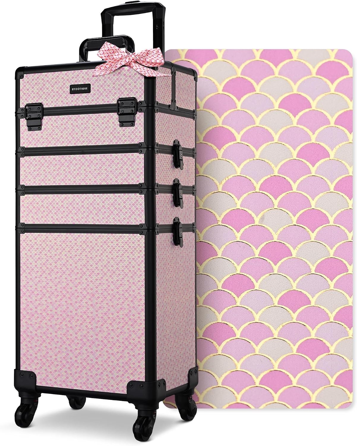 BYOOTIQUE Rolling Makeup Case Large 4in1 Cosmetology Case on Wheels,Easy Access Cosmetic Organizer Travel Case for Makeup Artist Hairstylist,Art Deco Bloom