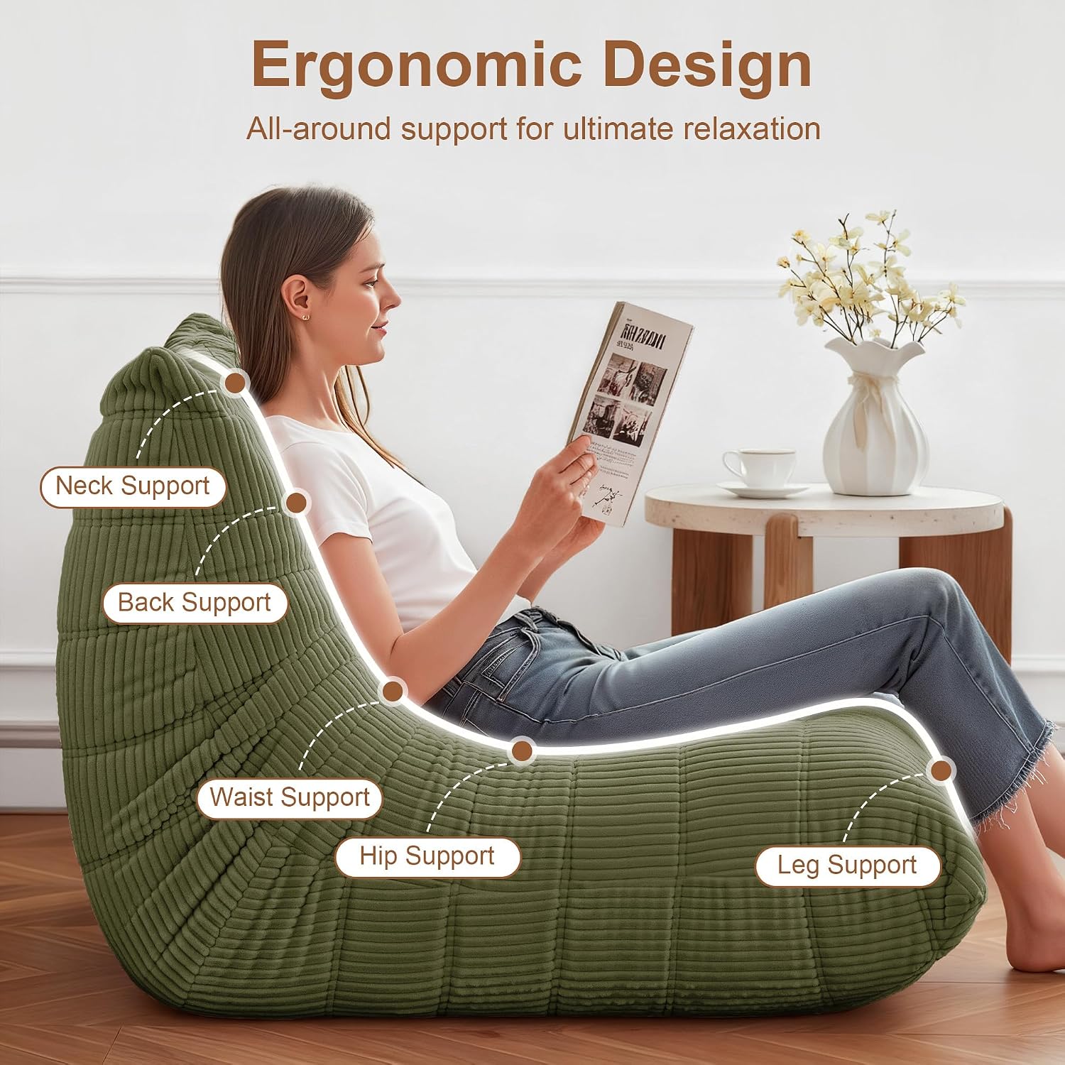 Bean Bag Chair for Adults, Giant Bean Bag Chairs with Lumbar Pillow, Oversized Corduroy Memory Foam Boneless Chair with High-Rebound, Lazy Floor Sofa for Reading Gaming Living Room Bedroom, Green