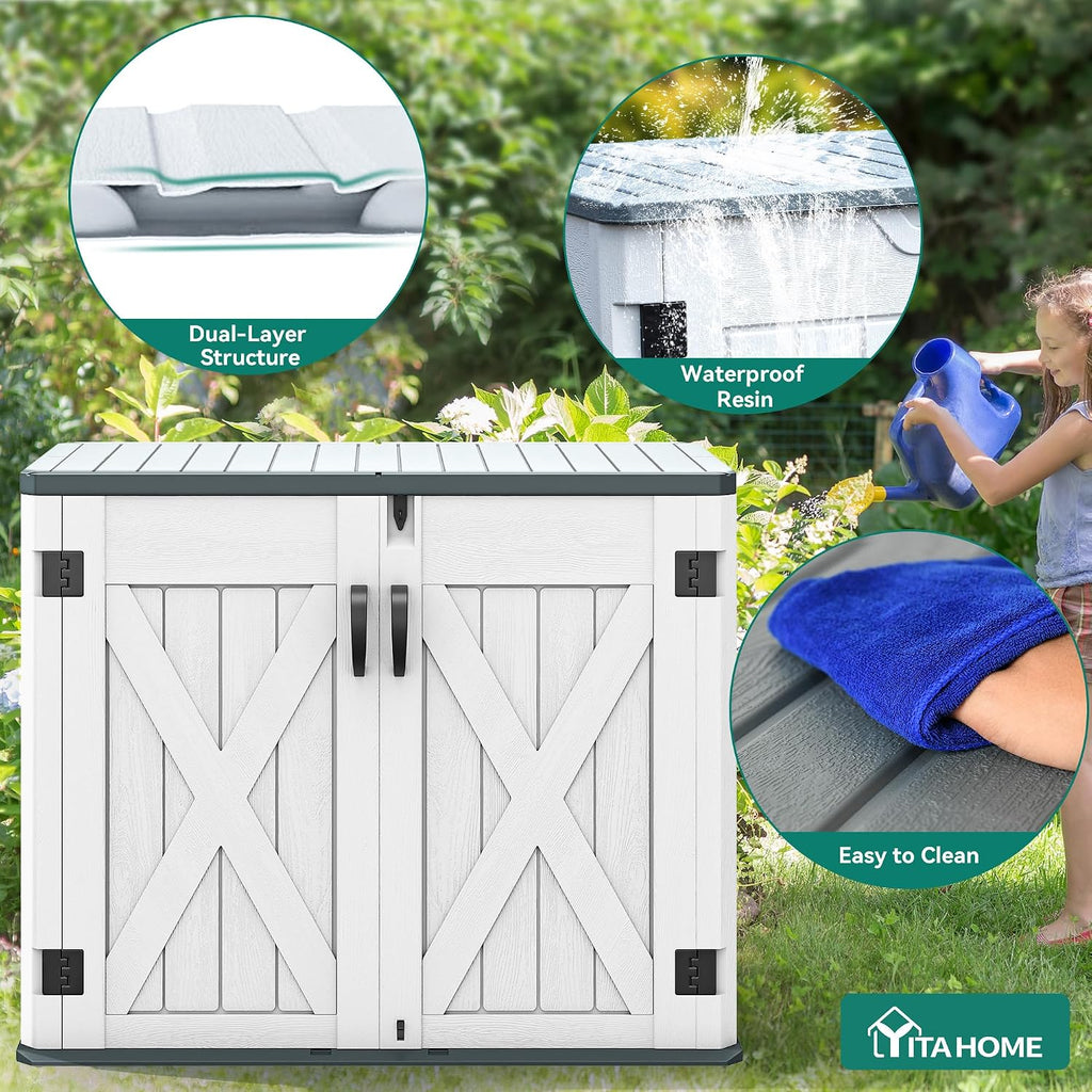 YITAHOME Outdoor Horizontal Storage Shed with X-Shaped Lockable Door, 35 Cu Ft Weatherproof Resin Tool Shed w/o Shelf, Ideal for Bike, Trash Cans, Garden Tools, Lawn Mowers, Light Gray